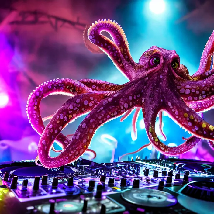 Image similar to award winning photo of an octopus! as a dj with tentacles! simultaneously placed turntables cdjs and knobs of a pioneer dj mixer. sharp, blue and fuschia colorful lighting, in front of a large crowd, studio, medium format, 8 k detail, volumetric lighting, wide angle, at an outdoor psytrance festival main stage at night