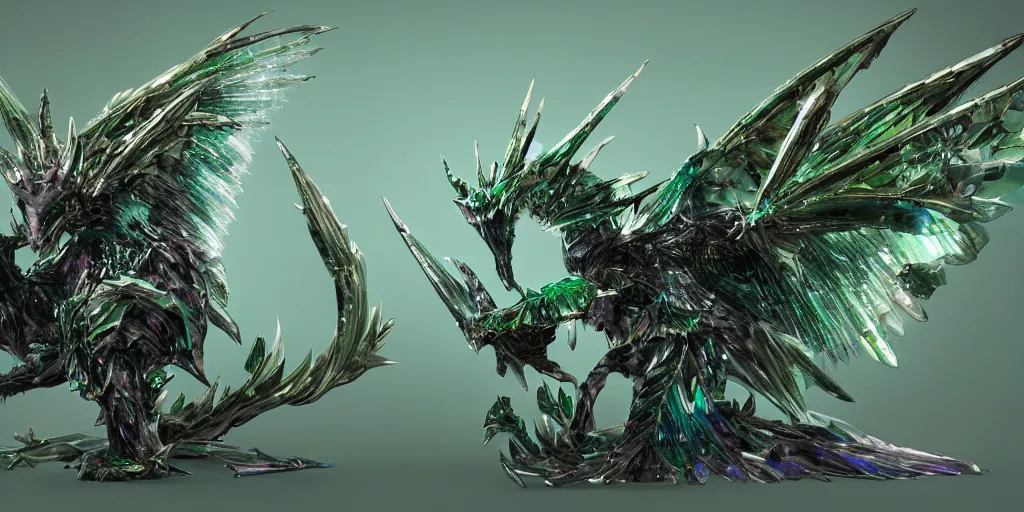 Image similar to Emerald four legged crystal bat, character design sheet, Monster Hunter Illustrations art book, big claws, sharp fangs, huge wings, long tail, iridescent scale patterns, cluster of crystals as spikes on its back, Moebius, Greg Rutkowski, Zabrocki, Karlkka, Jayison Devadas, Phuoc Quan, trending on Artstation, 8K, ultra wide angle, zenith view, pincushion lens effect.