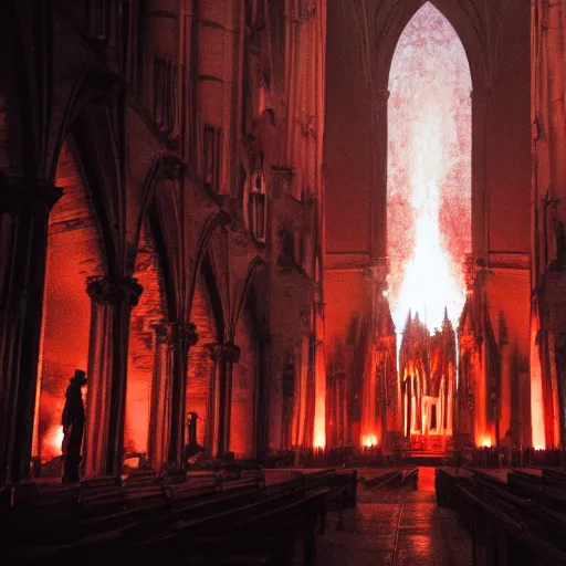 Prompt: A dark cathedral made up of red sandstone lit up by a torches. In the middle of the cathedral is a bonfire surrounded by cultists in red hoods. Their backs facing towards the camera.