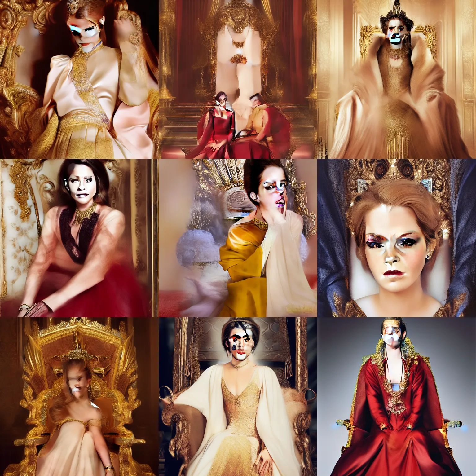 Prompt: regal emma watson sitting on queens throne royalty wearing royal mantle gold jewelry by alex ross