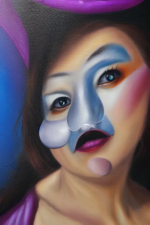 Image similar to hyperrealism oil painting, close - up portrait of commedia dell'arte fashion woman model, gradient mixed with nebula sky, in style of baroque