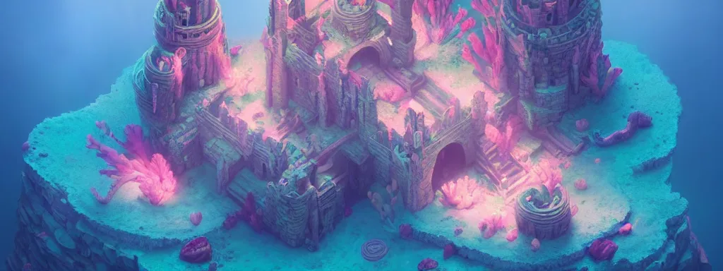 Image similar to stone castle in a coral reef by charlie bowater and anna dittmann and artgerm and clemens ascher, intricate, elegant, pink and blue and green mist, highly detailed, dramatic lighting, sharp focus, octane render, trending on artstation, artstationhd, artstationhq, unreal engine, 4 k, 8 k