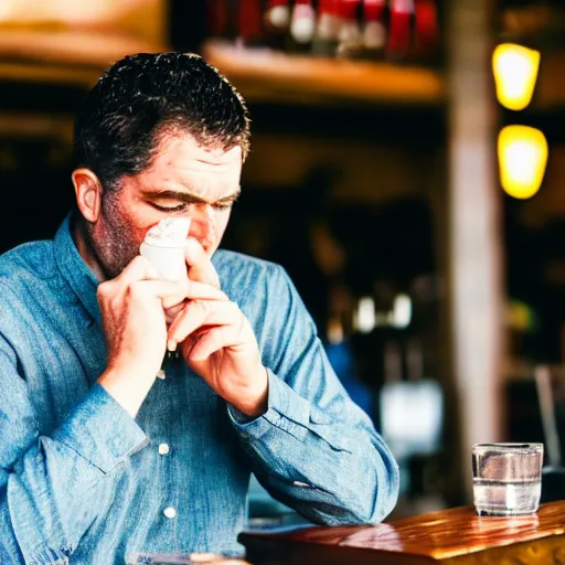 Prompt: A man sitting in a bar staring off into his drink while he ponders about life, 50mm Sigma lens