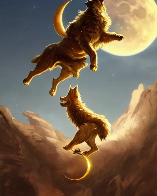 Image similar to '' Illustration of giant gold wolf chasing the moon through the sky, league of legends, LOL, fantasy, d&d, digital painting, artstation, concept art, sharp focus, illustration, art by greg rutkowski and alphonse mucha ''