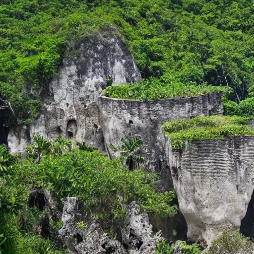 Prompt: an ancient city near jagged peaks next to a mangrove swamp with luch caves near the ocean with a ruined portal nearby