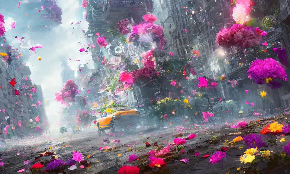 Prompt: flowers falling over a city, colour splash, ArtStation, CGSociety, Unreal Engine