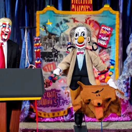 Prompt: puppeteer using a string marionette of a president with clown makeup in a podium