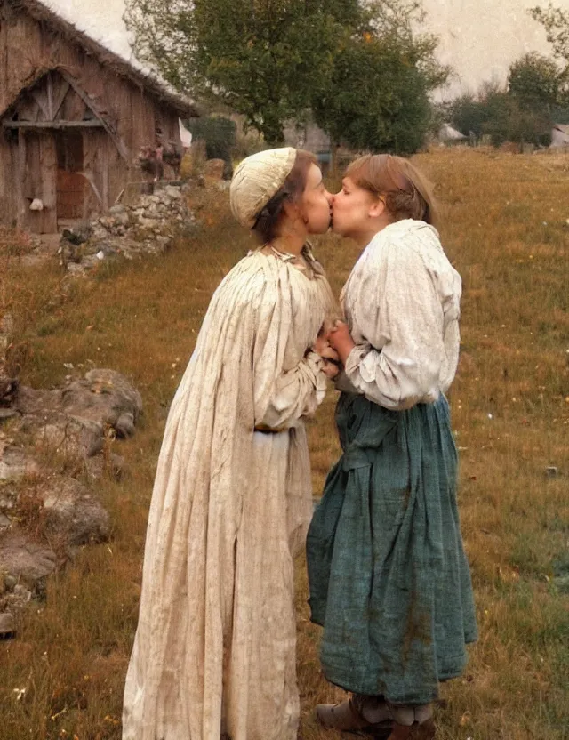 Prompt: peasant boy and girl first kiss, detailed faces, on a village, Cinematic focus, Polaroid photo, vintage, neutral colors, soft light, foggy, by Steve Hanks, by Serov Valentin, by lisa yuskavage, by Andrei Tarkovsky 8k render, detailed, oil on canvas