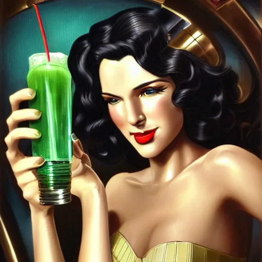 Prompt: beautiful woman with long wavy curly black hair and green eyes, wearing a cocktail dress, holding a drink. she is in the bar of the atlantis paradise, a retro futuristic spaceship made of brass bronze gold, art deco influence, hotel style design. bioshock, starship titanic. clean, well composed painting by artgerm and greg rutkowski.