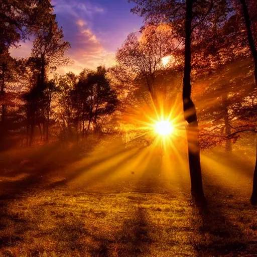 Image similar to morning dawn, the sun rose above the earth, the forest is golden, filled with morning dawn,
