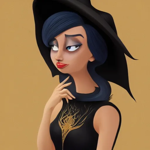 Image similar to portrait of a beautiful female witch in black and golden dress , digital painting , digital art , pixar style , Disney , instagram , trending on artstation