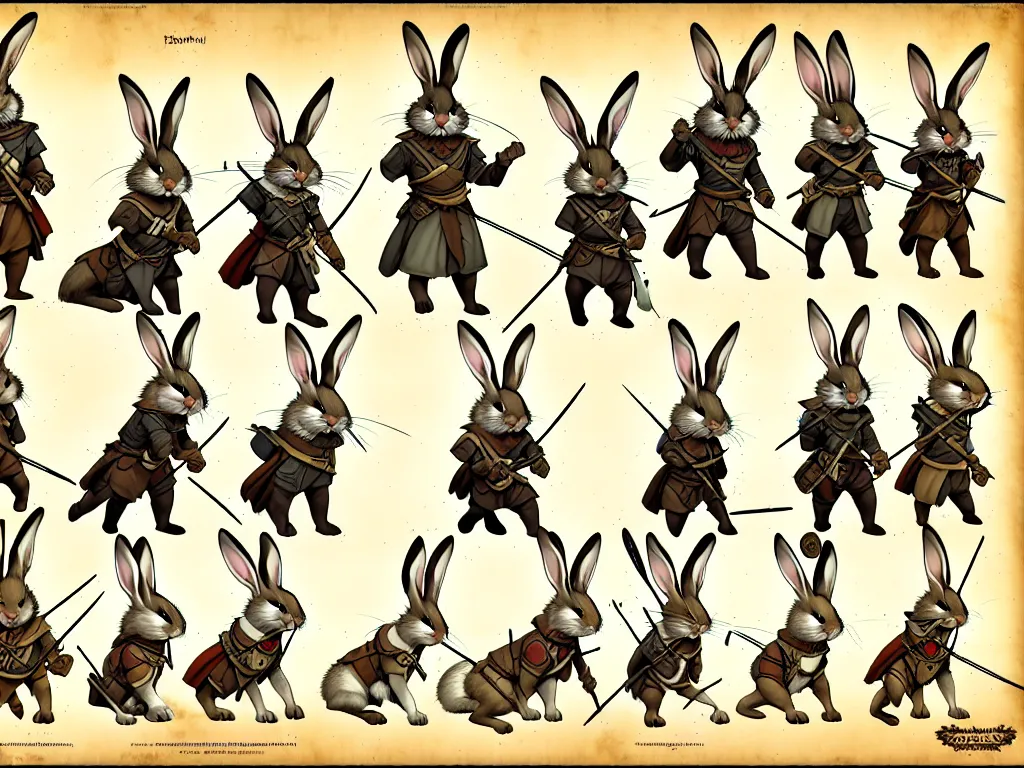 Image similar to character design sheet for a group of heroic rabbit archers on a parchment background, redwall, greg rutowski and jean baptiste monge, very very detailed, epic fantasy concept art