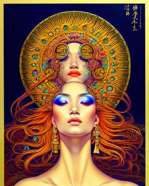 Prompt: portrait of a beautiful sun goddess, enigmatic beauty, esoteric, other worldly colors, head in focus, fantasy art, ornamental aesthetics intricate, elegant, highly detailed, hyperrealistic painting, artstation, concept art, painterly, sharp focus, illustration, art by chie yoshii