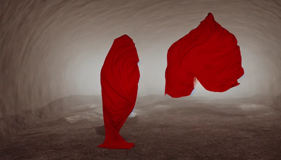 Image similar to a figure covered by red cloth that's blowing in the wind standing in a creepy tunnel with atmospheric light, digital art, concept art, cloth simulation with houdini, octane, redshift, 8 k