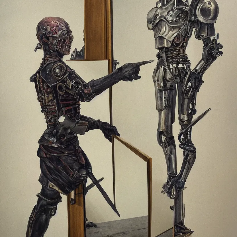 Image similar to oli painting of a medieval cyborg looking its reflection on a big mirror, mechanism visible symmetric defined ultra hd realistic tones