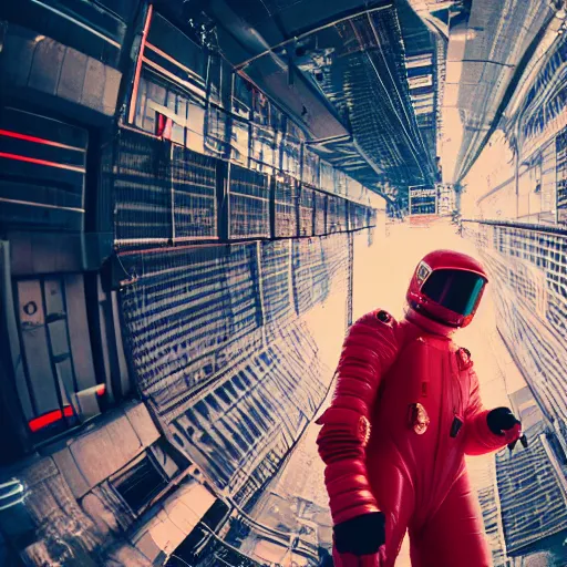 Prompt: color photo of fit man going in spacesuit in cyberpunk city in red and white light from ground level fisheye, cyberpunk, hyper detailed, old camera - H 1280 - 720