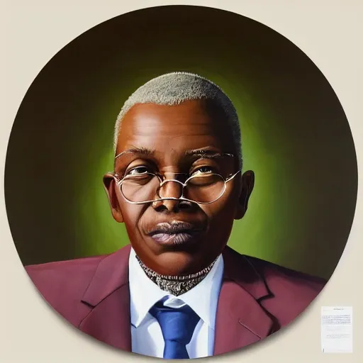 Prompt: a painting of a round face, XXL , smirky, fatherly, loving, caring, generous, ever-present, humble, wise elder from Kenya in a suit by Kehinde Wiley . Fatherly/daddy, focused, loving, leader, relaxed,. ethereal lights, details, smooth, sharp focus, illustration, realistic, cinematic, artstation, award winning, rgb , unreal engine, octane render, cinematic light, macro, depth of field, blur, red light and clouds from the back, highly detailed epic cinematic concept art CG render made in Maya, Blender and Photoshop, octane render, excellent composition, dynamic dramatic cinematic lighting, aesthetic, very inspirational, arthouse.