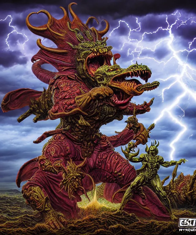 Image similar to hyperrealistic rendering, epic boss battle, ornate supreme demon overlord, by art of skinner and richard corben and jeff easley, product photography, action figure, sofubi, storm clouds, outside, lightning