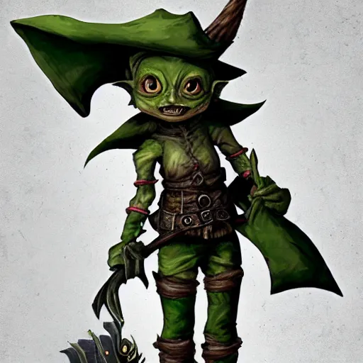 Prompt: cute tiny goblin girl with green skin wearing hunter armor from Bloodborne and a wizard hat, d&d, digital art