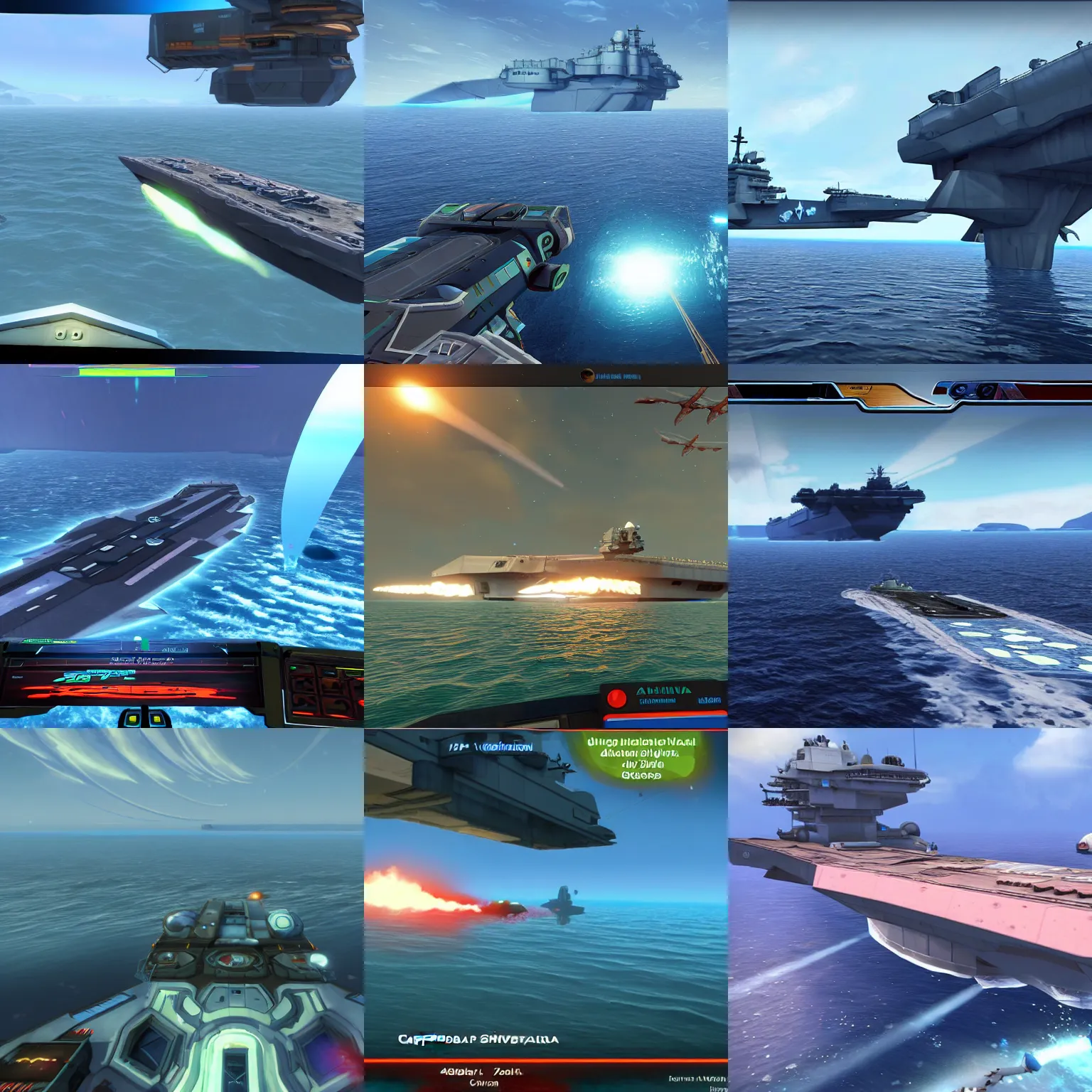 Prompt: Aircraft carrier CVN-65 Enterprise, capsized, on the ocean of an alien world, screenshot from the video game 'Subnautica'