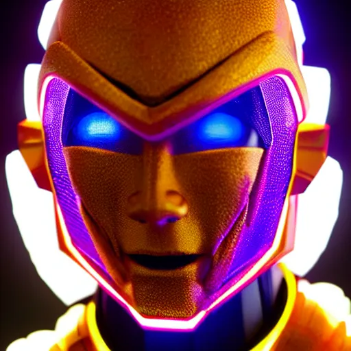 Image similar to uhd candid photo of cosmic mecha freiza powering up, glowing, global illumination, studio lighting, radiant light, hyperdetailed, correct face, elaborate intricate costume. photo by annie leibowitz