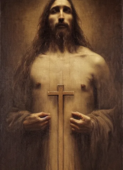 Image similar to portrait of Jesus Christ on the cross, by Nicola Samori, painting, 8k, high detail