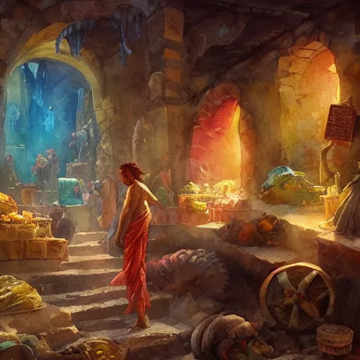 Image similar to a beautiful and vivid and colorful and chiaroscuro Grzegorz greg rutkowski watercolor painting of an ancient greek market with a yellow mermaid and fish and treasure and a bioluminescent coral garden underwater trending on artstation hq