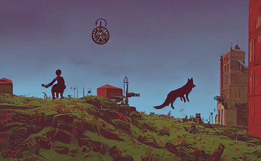 Image similar to a boy fighting a wolf on the edge of a clocktower, by simon stalenhag gouache, print