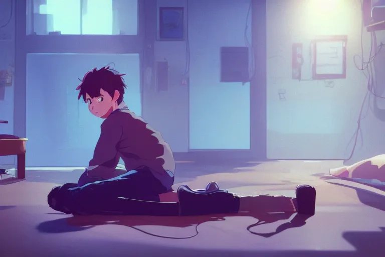 Image similar to a sleepy boy in front of a computer, medium shot, waist up, studio ghibli, pixar and disney animation, sharp, rendered in unreal engine 5, anime key art by greg rutkowski, bloom, dramatic lighting