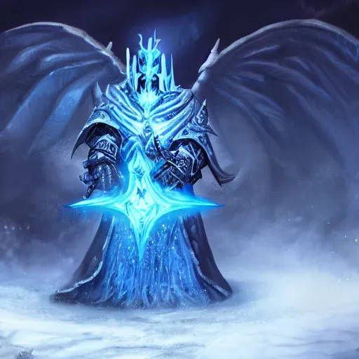 Prompt: the lich king with sindragosa on a frozen battlefield trending on artstation