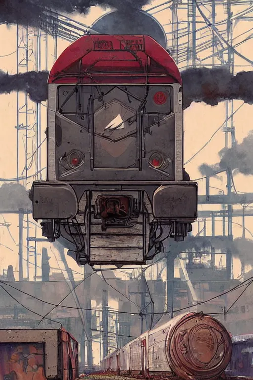 Image similar to graffiti vandal writing graffiti on a train in a train yard, illustrated by greg rutkowski and moebius and loish and artgerm, painterly, illustration, backlit, beautiful artist rendering, gorgeous, masterpiece