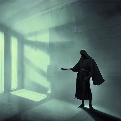 Prompt: robed man levitating in a sith temple, atmospheric, cinematic, concept art painting