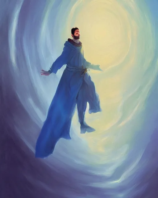 Image similar to Hyper realistic painting of a wizard in a blue robe, by Anato Finnstark, detailed, beautiful, trending on artstation