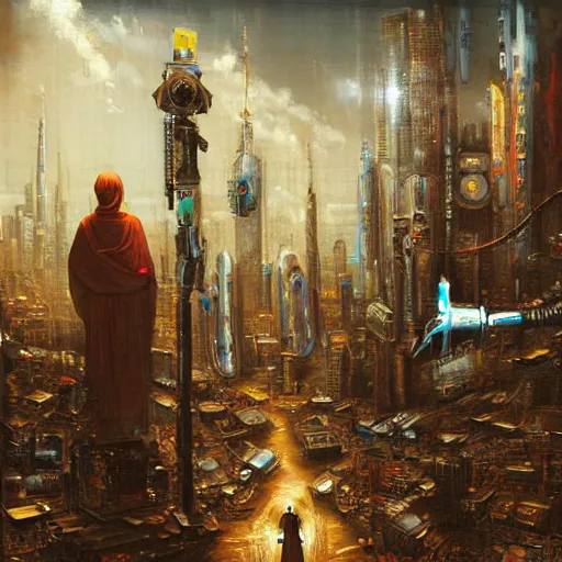 Image similar to beautiful detailed religious oil painting of robotic saints in an urban cyberpunk wasteland