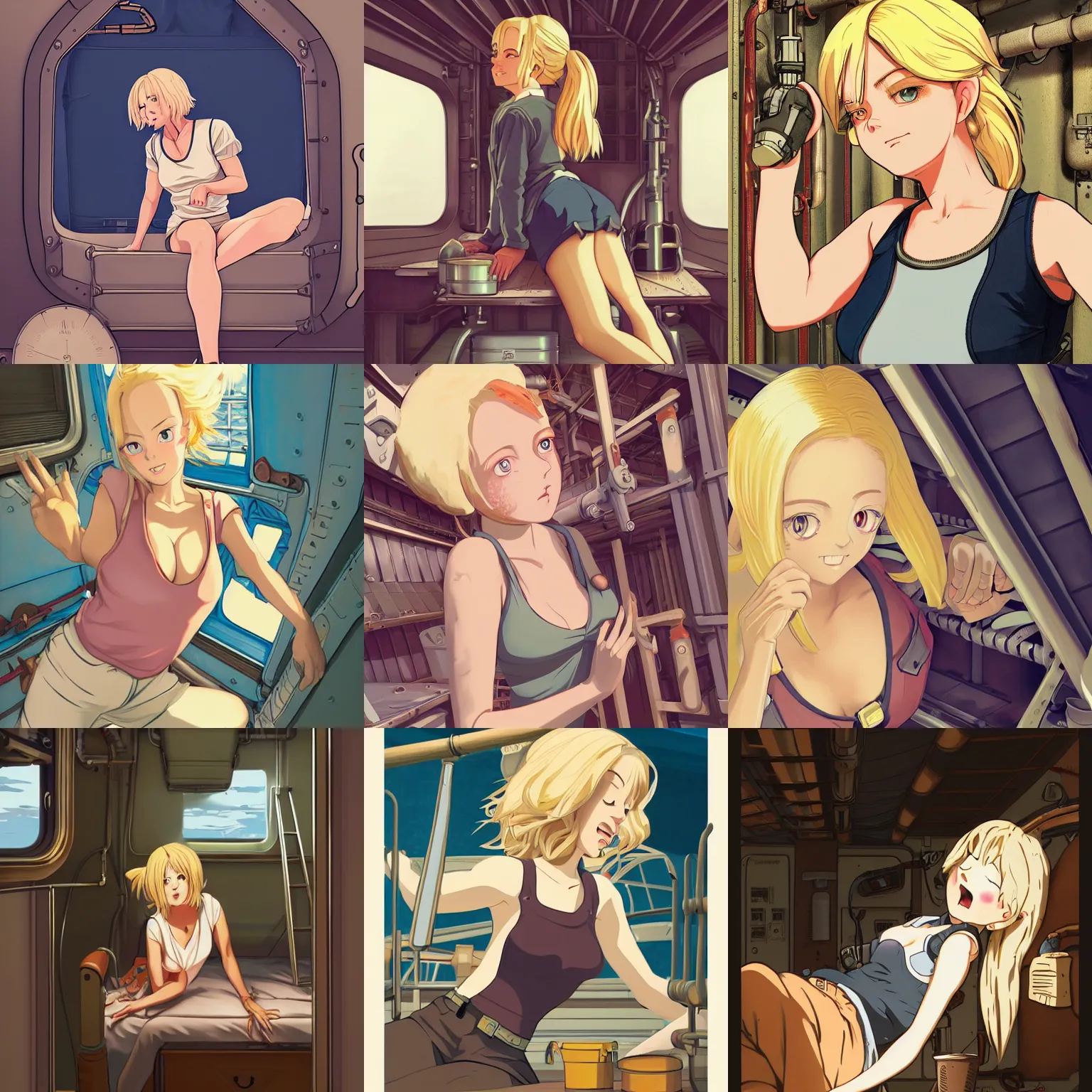 Prompt: Character portrait of a tank top-clad blonde female airship mechanic stretching and yawning in her cramped bunk, steampunk, beautiful face, large eyes, highly detailed, cel shading, Studio Ghibli still, by Ilya Kuvshinov