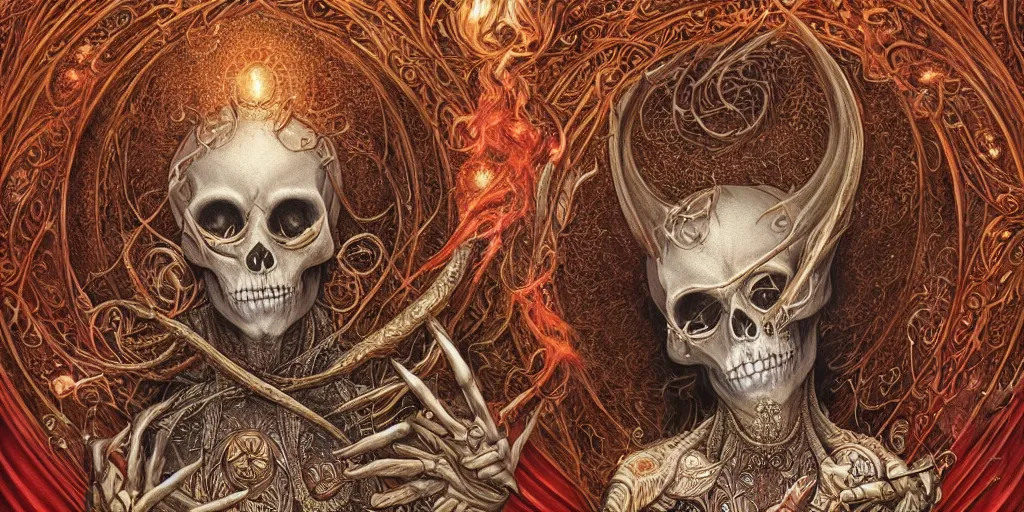 Image similar to A beautiful detailed orixa, tarot card, by tomasz alen kopera and Justin Gerard, symmetrical features, ominous, magical realism, texture, intricate, ornate, royally decorated, skull, skeleton, whirling smoke, embers, red adornements, red torn fabric, radiant colors, fantasy, trending on artstation, volumetric lighting, micro details, 3d sculpture, ray tracing, 8k, anaglyph effect