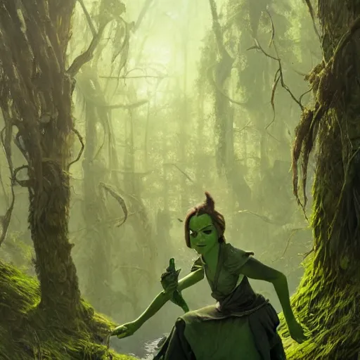 Prompt: Emma Watson as the green swamp ogre Fiona in Shrek, intricate, highly detailed, digital painting, artstation, concept art, sharp focus, illustration, art by greg rutkowski and alphonse mucha