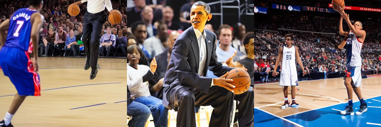 Prompt: Barack Obama playing basketball at the NBA, dslr photo