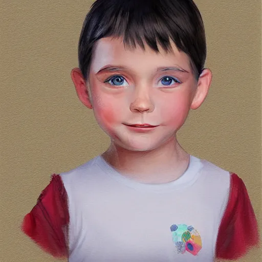 Prompt: a digital portrait of a 5 year old with black hair,hazel green eyes, drawn in the style of mark Arian