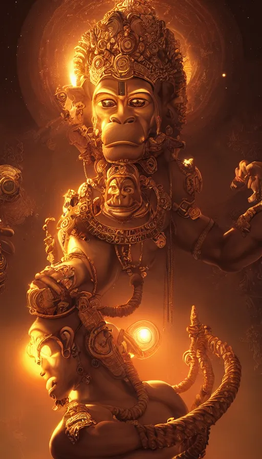 Image similar to techno artwork, with unreal engine. hanuman gets together with the gods against the background of the universe. highly detailed, volumetric lighting, sharp focus, bokeh, trending on art station, digital painting by wlop, rossdraws, artgerm.