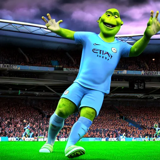 Image similar to shrek!! scoring a goal for manchester city, hd render,