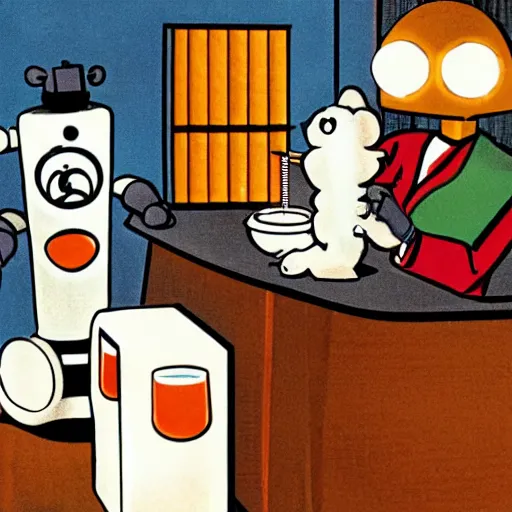 Image similar to a retro robot at the bar orders a drink from a (TY fluffy puppy) bartender.