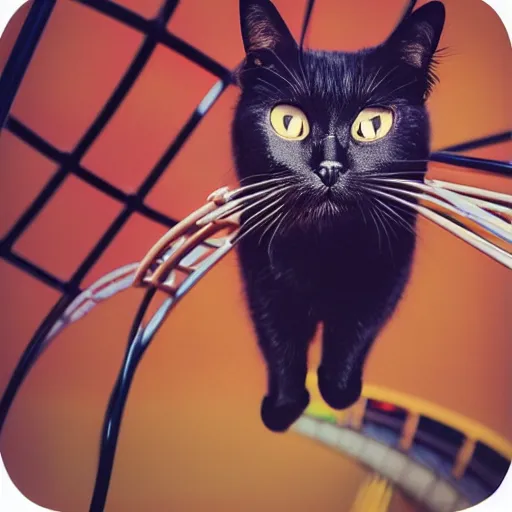 Image similar to happy black cat on a rollercoaster looping. focus on the cat. sunlight. polaroid photo. vivid colors.