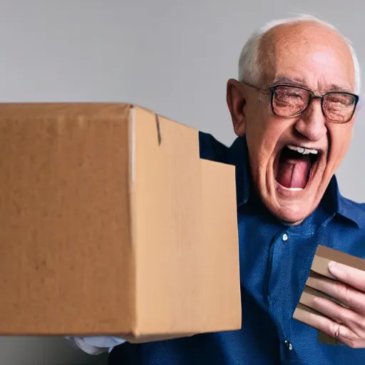 Prompt: an excited old man opening an amazon package full of diamonds