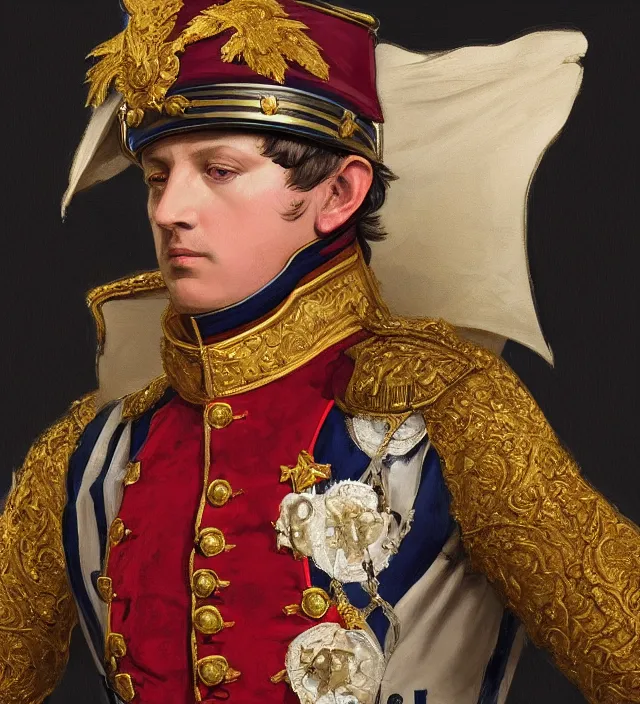 Image similar to portrait of emperor napoleon wearing a traditional nineteenth century french empire military uniform, metal shoulder pauldrons, intricate, highly detailed, digital painting, artstation, concept art, sharp focus, cinematic lighting, illustration, art by artgerm and greg rutkowski, alphonse mucha, cgsociety