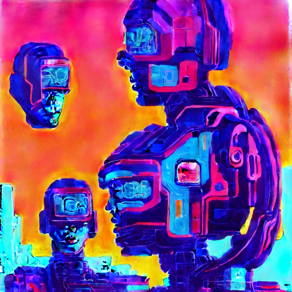 Image similar to a graph - style gouache impasto huge robot head in front of her, cyberpunk art by by james gilleard, cgsociety, retrofuturism, synthwave, retrowave, outrun