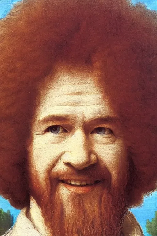Prompt: a portrait of bob ross in the style of a leonardo davinci painting, oil painting, bob ross smiling