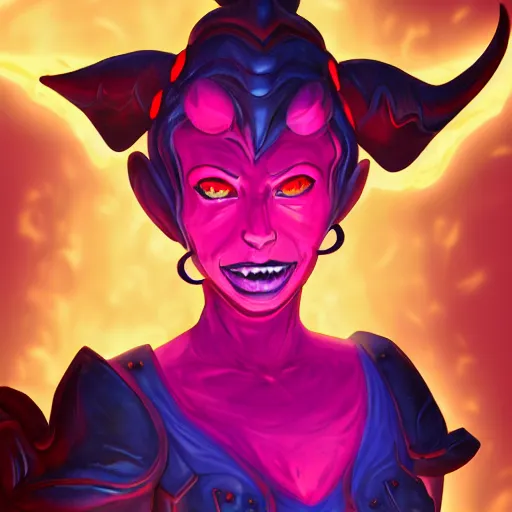 Image similar to A portrait of a tiefling woman made out out translucent fire that looks kind of like a lava lamp. She has curving horns, blank eyes and a cute smile. Her clothes are totally mall goth. 4k