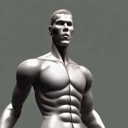 Image similar to “a realistic detailed photo of a guy who is an attractive humanoid who is half robot and half humanoid, who is a male android, basketball player Blake Griffin, shiny skin, posing like a statue, blank stare”