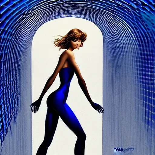 Image similar to beautiful woman entering a tunnel, walking with swagger, blue sky, art by peter lloyd 1 9 8 0, airbrush style, art by hajime sorayama,, intricate, elegant, sharp focus, illustration, highly detailed, concept art, matte, sharp focus, illustration, highly detailed, concept art, h 6 4 0